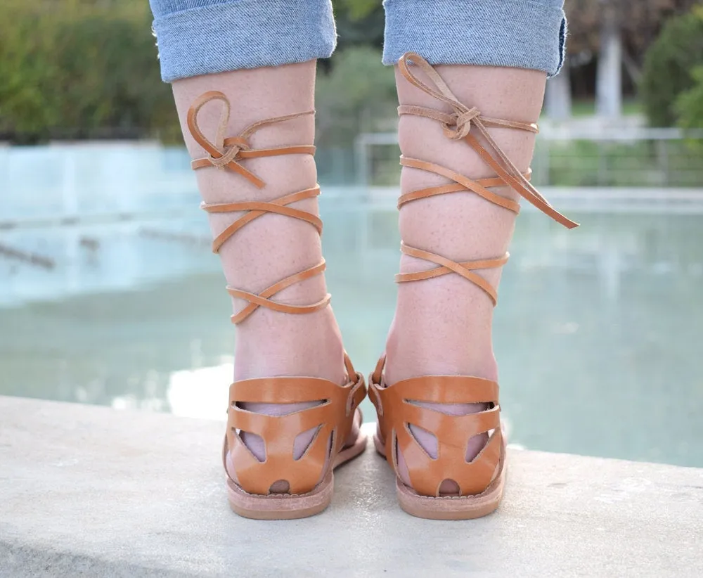 Ancient Greek leather sandals, Tie up Greek sandals, Natural tan sandals, Toe ring sandals, handmade sandals, Flat sandals, SOPHIA sandals