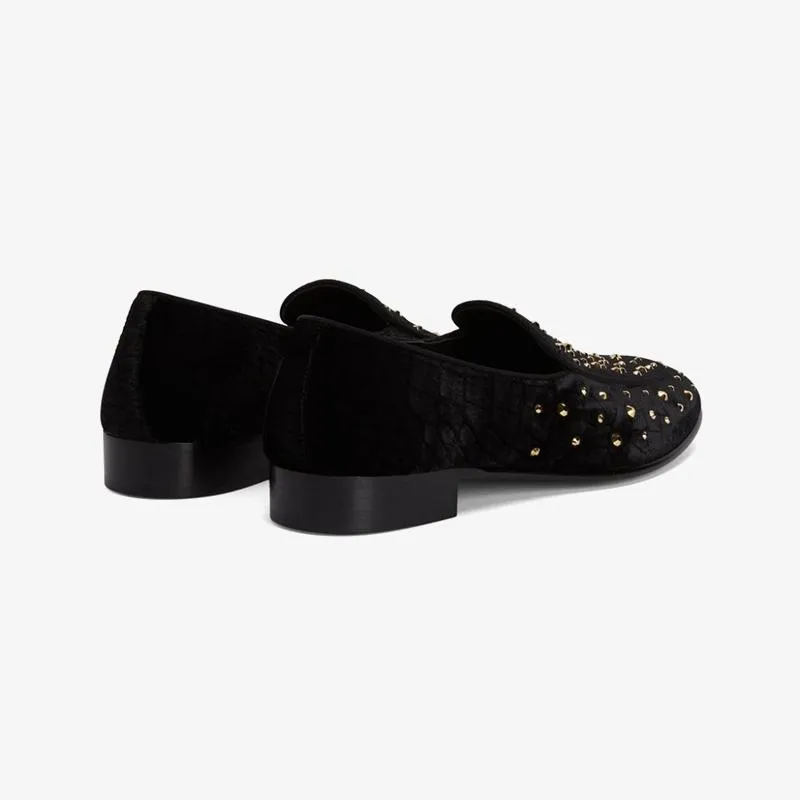 Black Velvet Crystal-Embellished Loafers