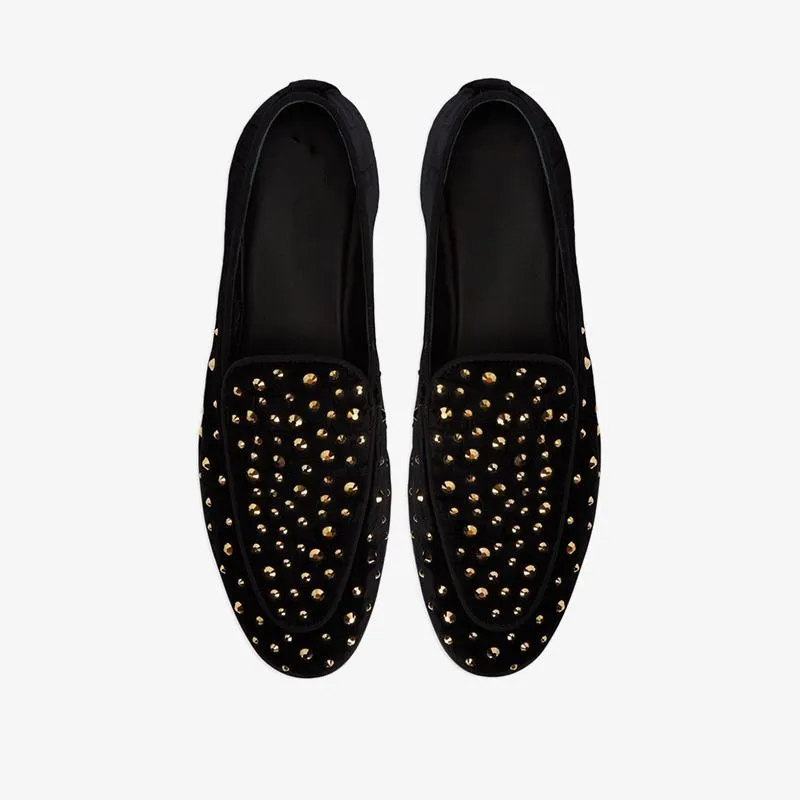 Black Velvet Crystal-Embellished Loafers
