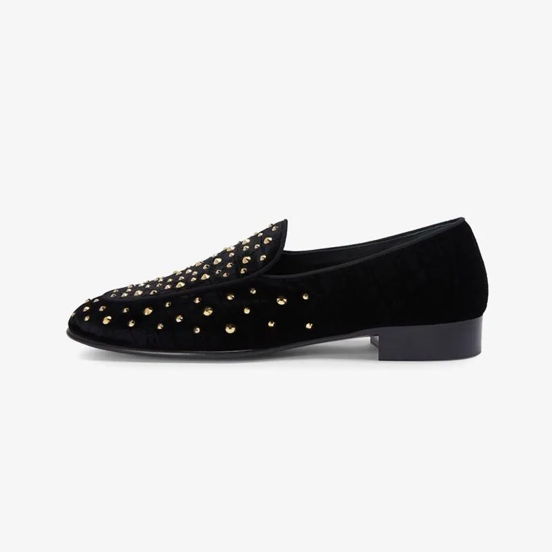 Black Velvet Crystal-Embellished Loafers