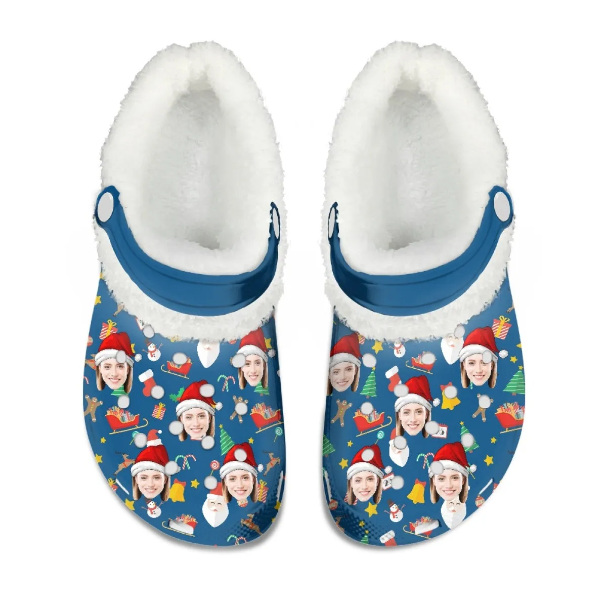 Custom Face Christmas Hat Blue Fuzzy Lined Clog Adult Hole Shoes Keep Your Feet Warm