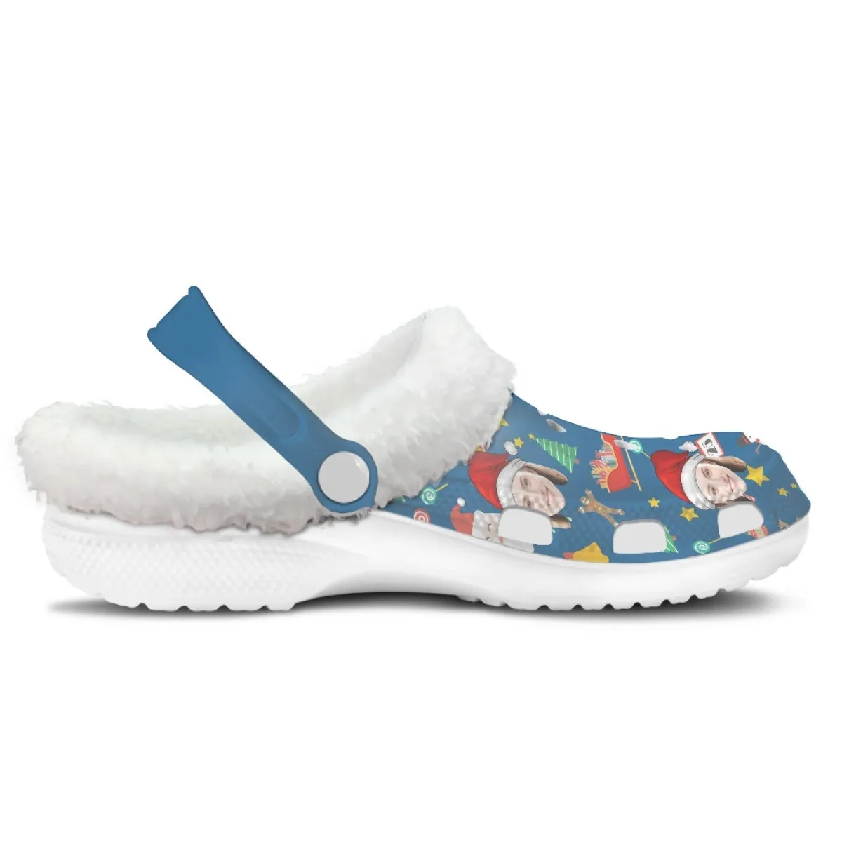 Custom Face Christmas Hat Blue Fuzzy Lined Clog Adult Hole Shoes Keep Your Feet Warm