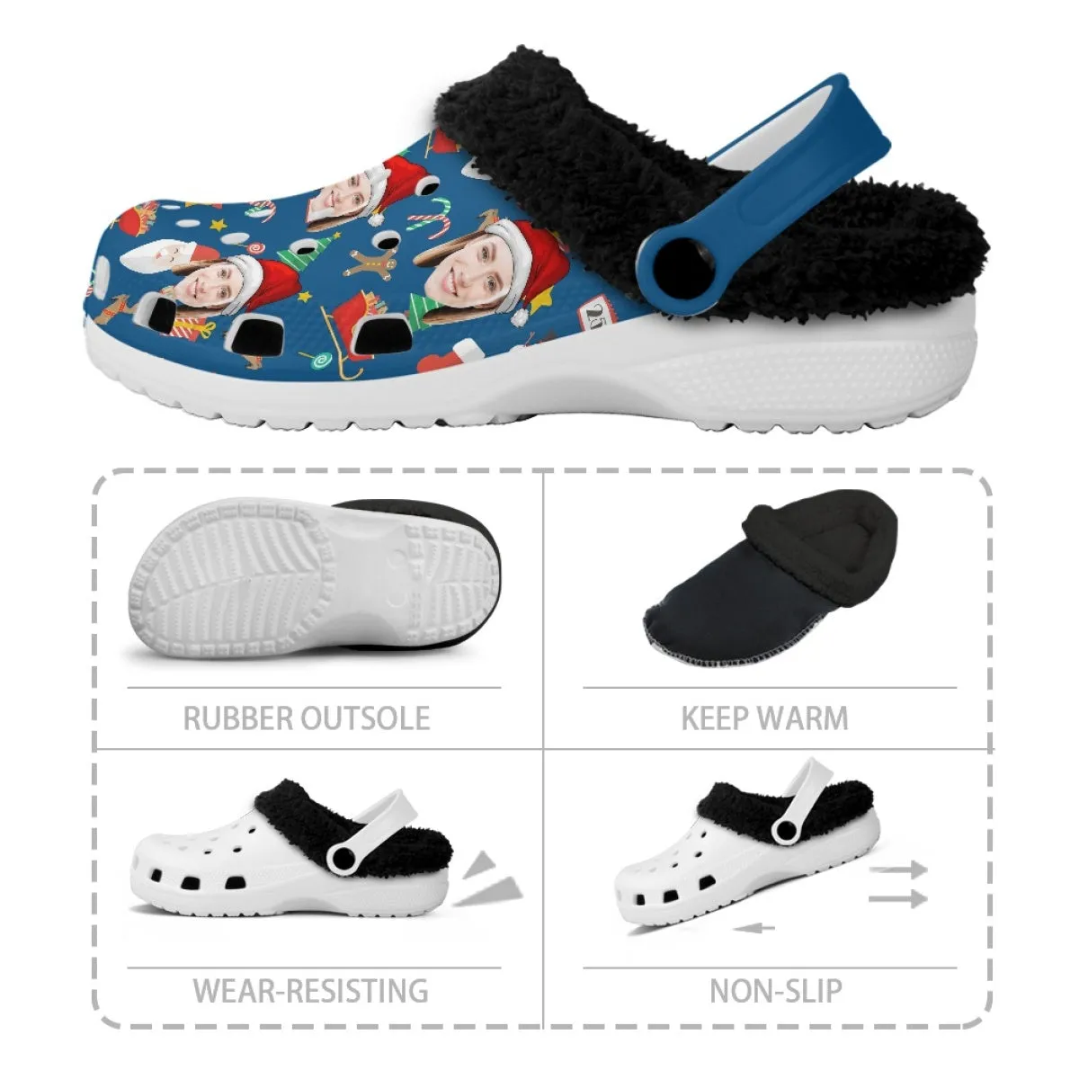Custom Face Christmas Hat Blue Fuzzy Lined Clog Adult Hole Shoes Keep Your Feet Warm