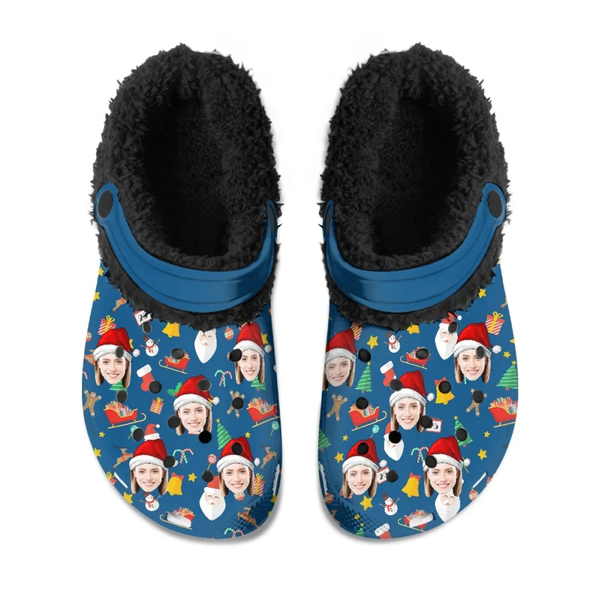 Custom Face Christmas Hat Blue Fuzzy Lined Clog Adult Hole Shoes Keep Your Feet Warm