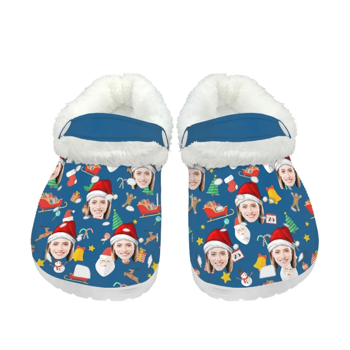 Custom Face Christmas Hat Blue Fuzzy Lined Clog Adult Hole Shoes Keep Your Feet Warm