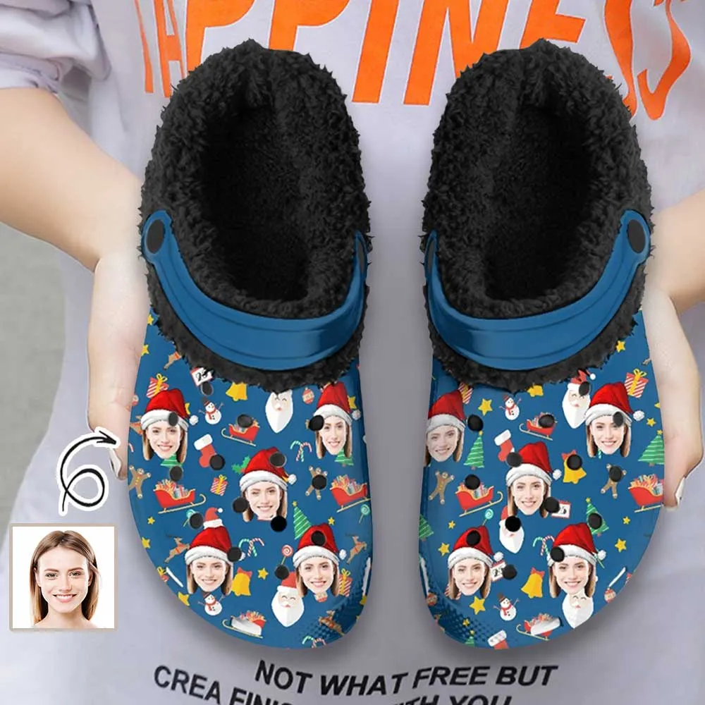 Custom Face Christmas Hat Blue Fuzzy Lined Clog Adult Hole Shoes Keep Your Feet Warm