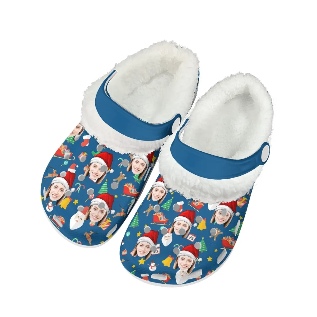 Custom Face Christmas Hat Blue Fuzzy Lined Clog Adult Hole Shoes Keep Your Feet Warm