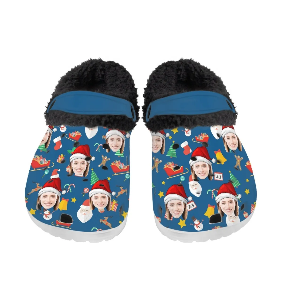 Custom Face Christmas Hat Blue Fuzzy Lined Clog Adult Hole Shoes Keep Your Feet Warm