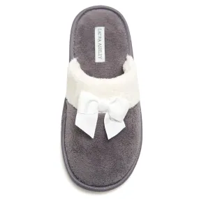 Laura Ashley Ladies Terry Scuff Slipper with Bow, Grey, Small