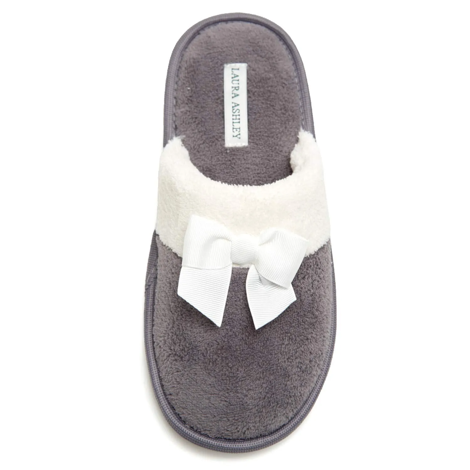 Laura Ashley Ladies Terry Scuff Slipper with Bow, Grey, Small