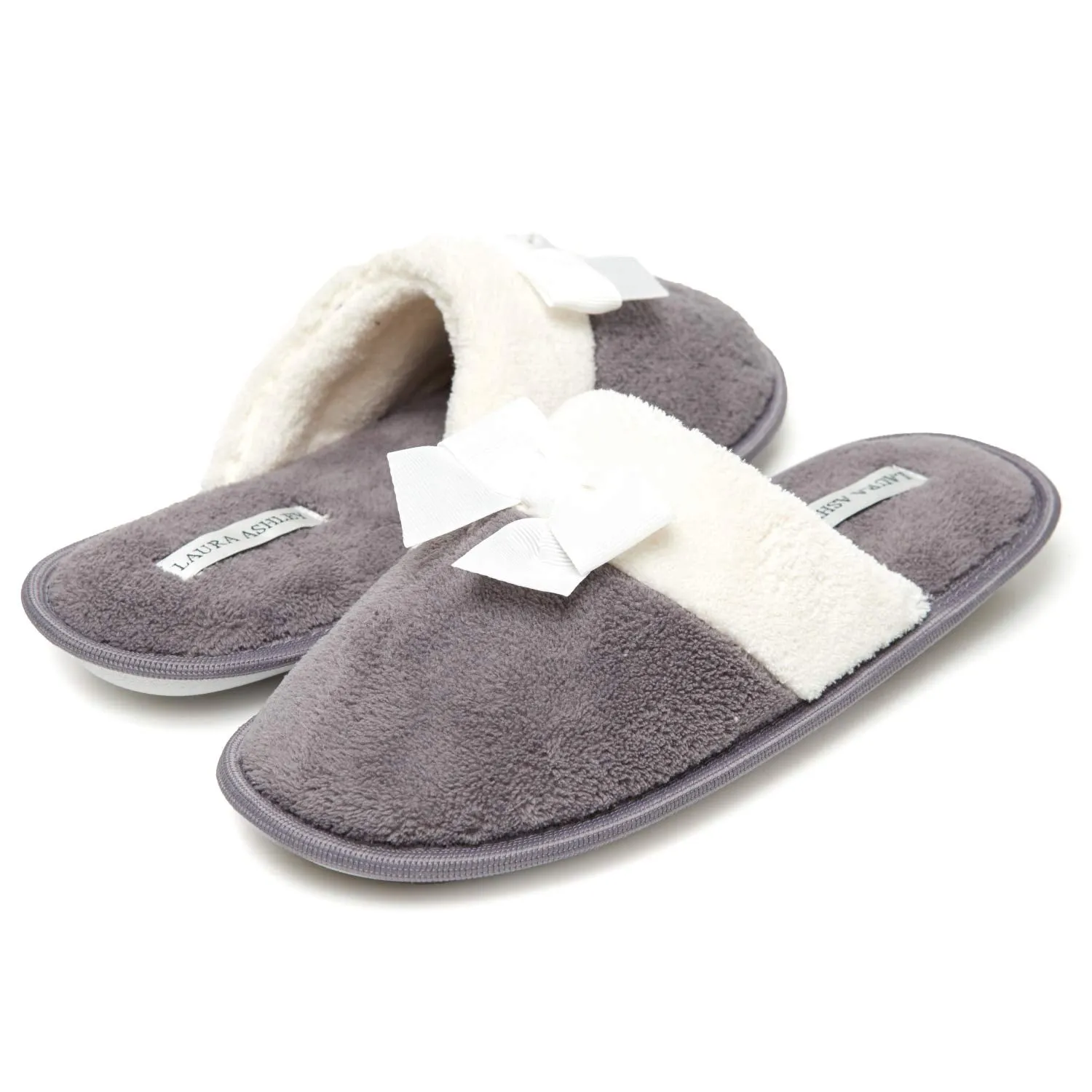 Laura Ashley Ladies Terry Scuff Slipper with Bow, Grey, Small