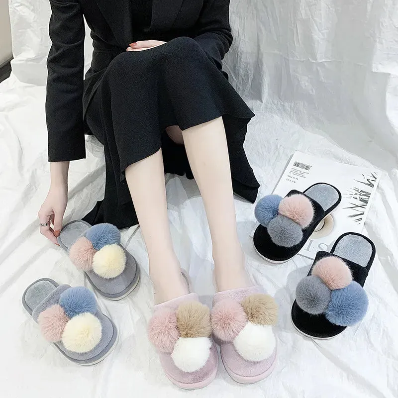 Mule Slippers with Multi-Color PomPoms for Women
