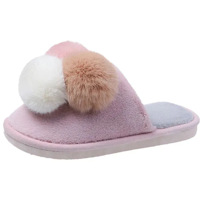 Mule Slippers with Multi-Color PomPoms for Women