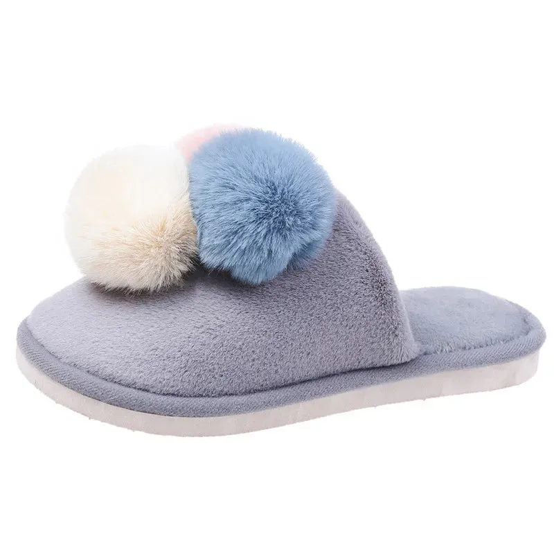 Mule Slippers with Multi-Color PomPoms for Women
