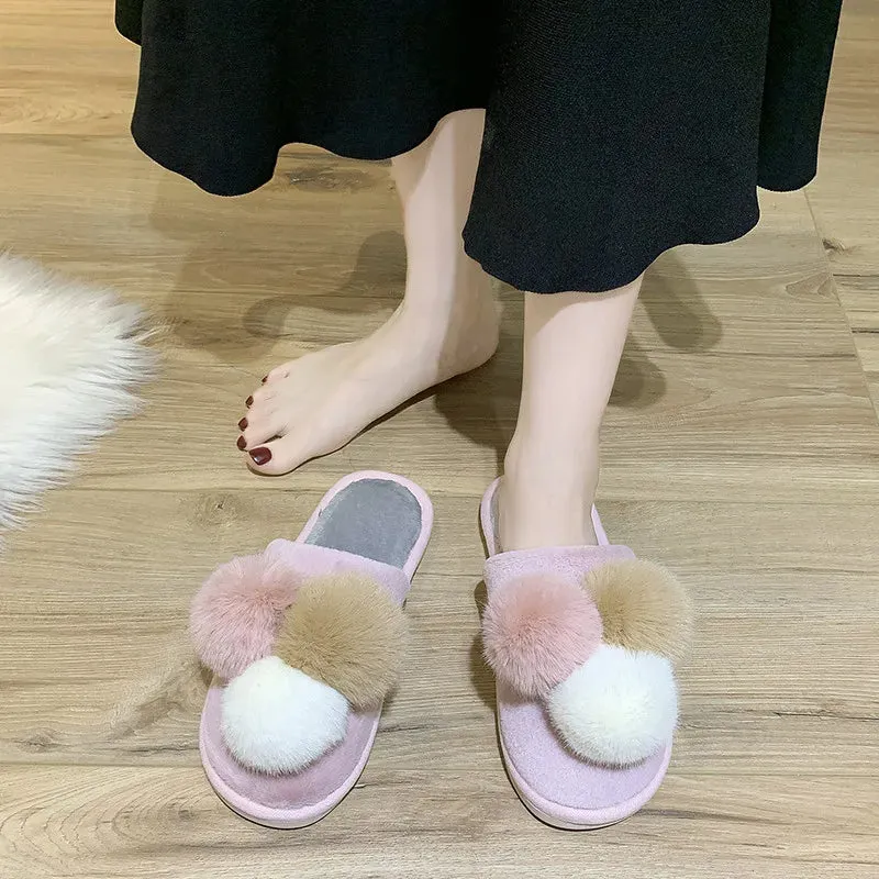 Mule Slippers with Multi-Color PomPoms for Women