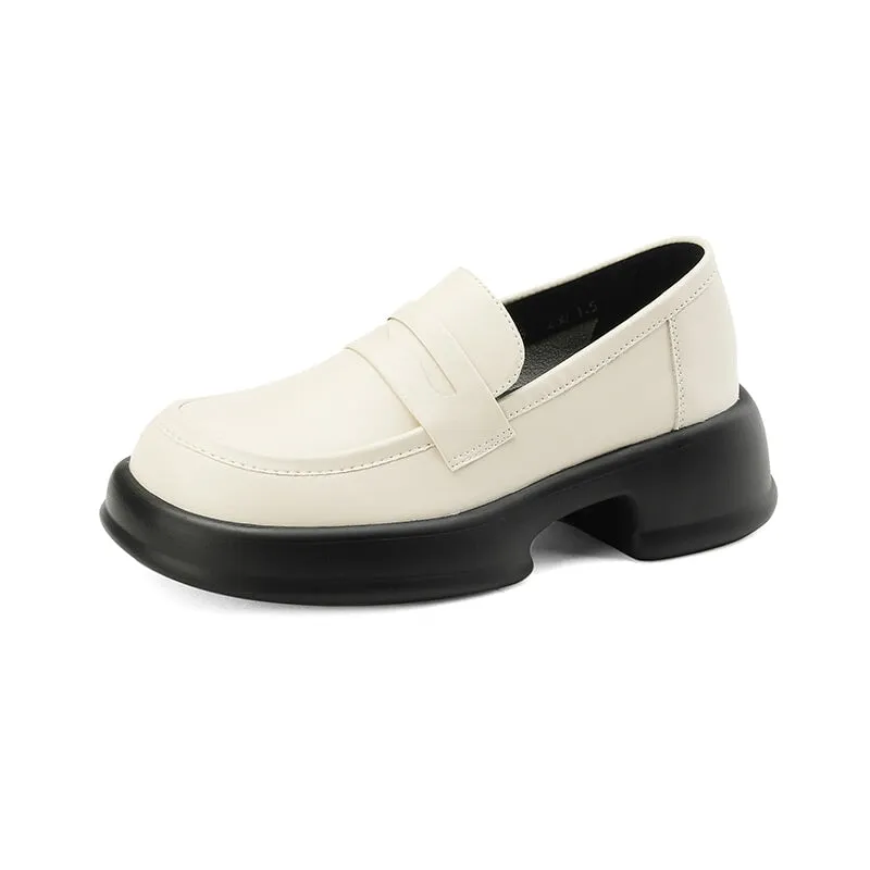 Platform Leather Penny Loafers for Women in Beige/Black