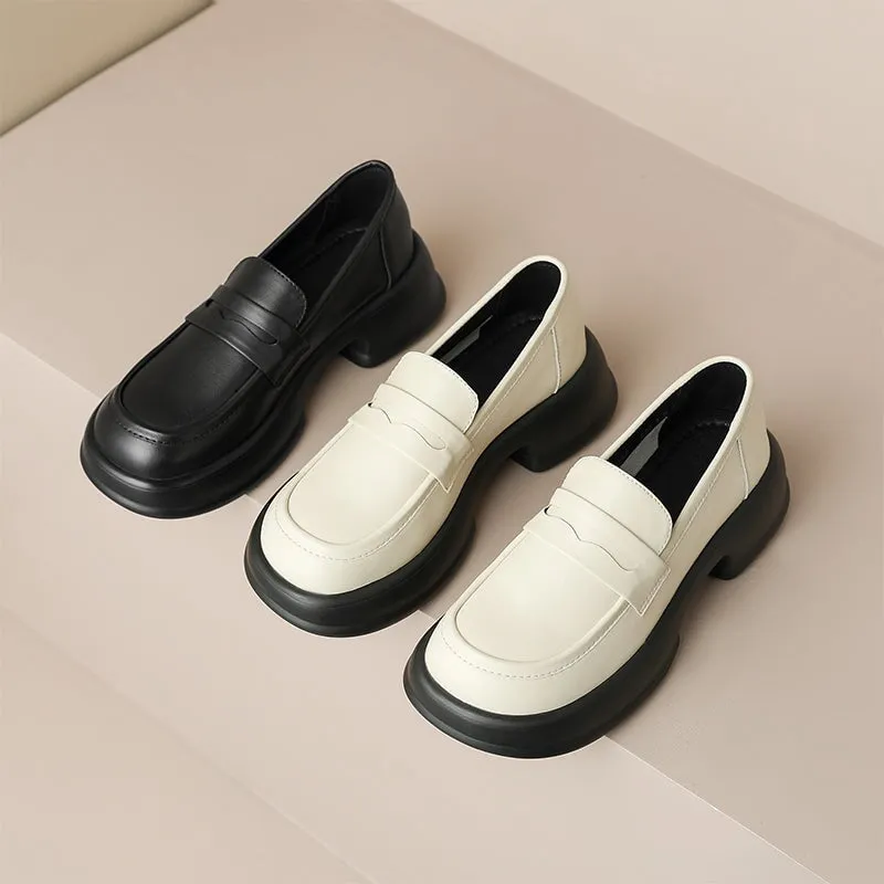 Platform Leather Penny Loafers for Women in Beige/Black