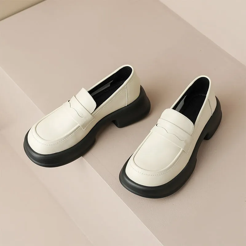 Platform Leather Penny Loafers for Women in Beige/Black
