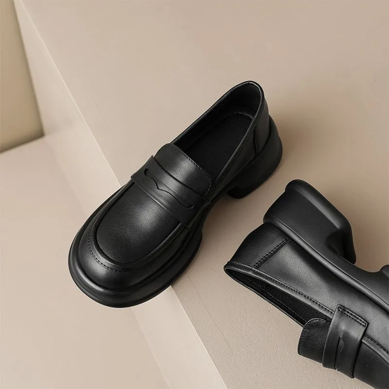 Platform Leather Penny Loafers for Women in Beige/Black