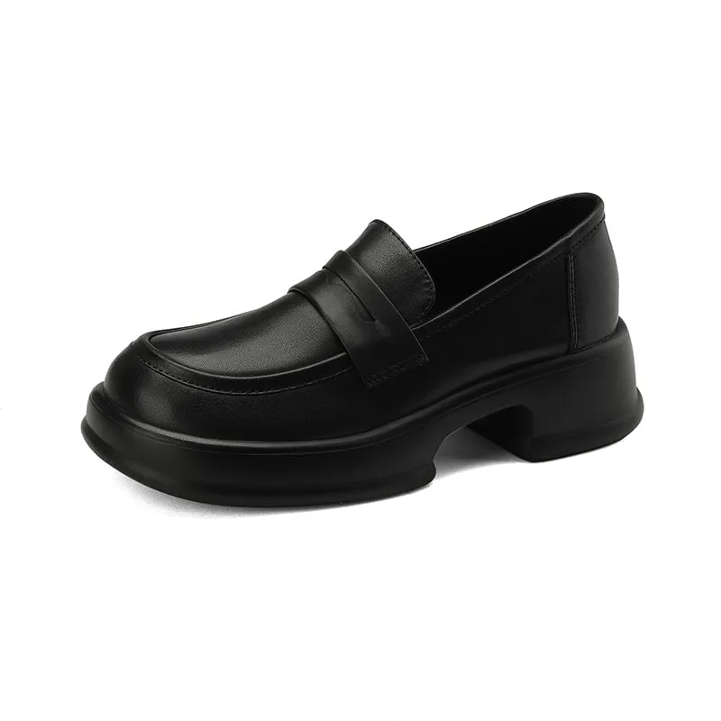 Platform Leather Penny Loafers for Women in Beige/Black