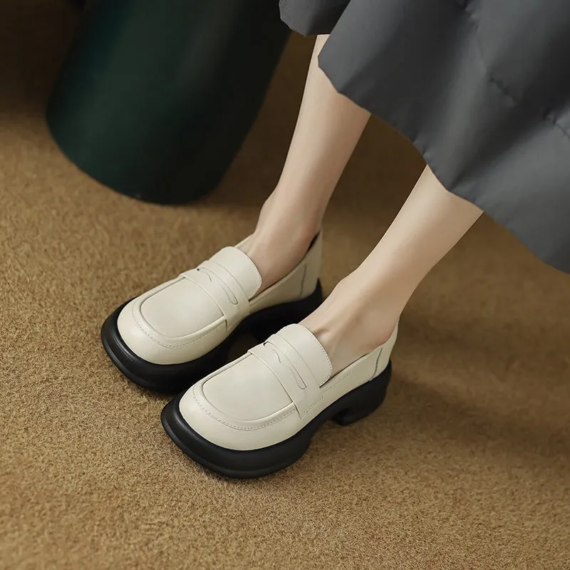 Platform Leather Penny Loafers for Women in Beige/Black