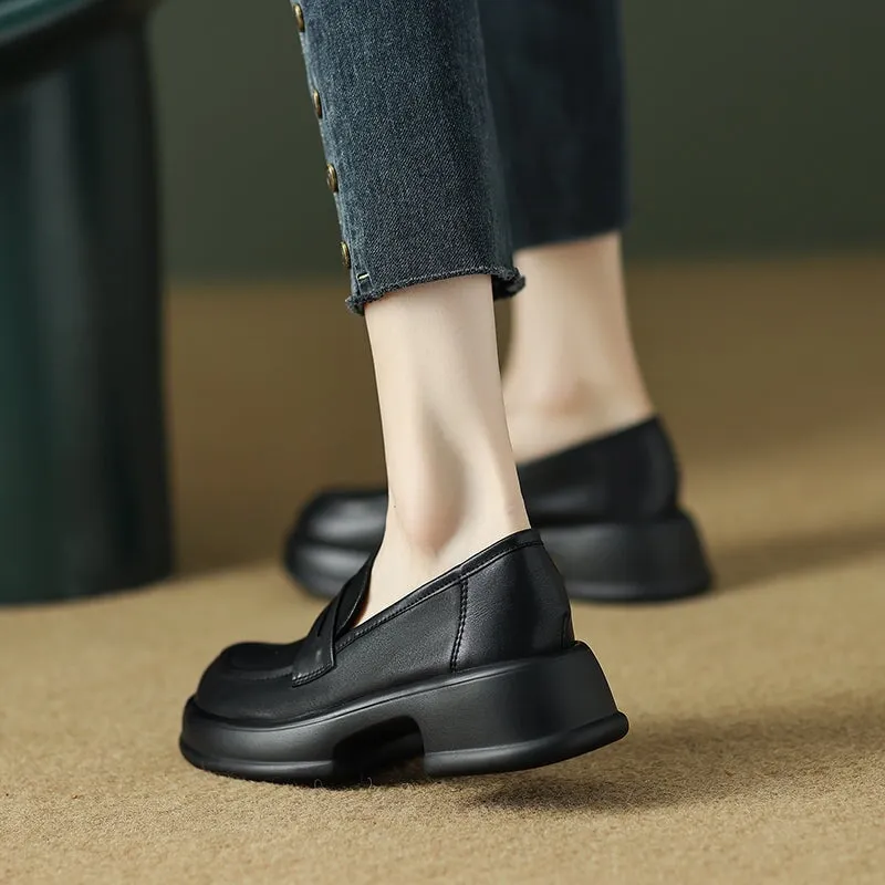 Platform Leather Penny Loafers for Women in Beige/Black