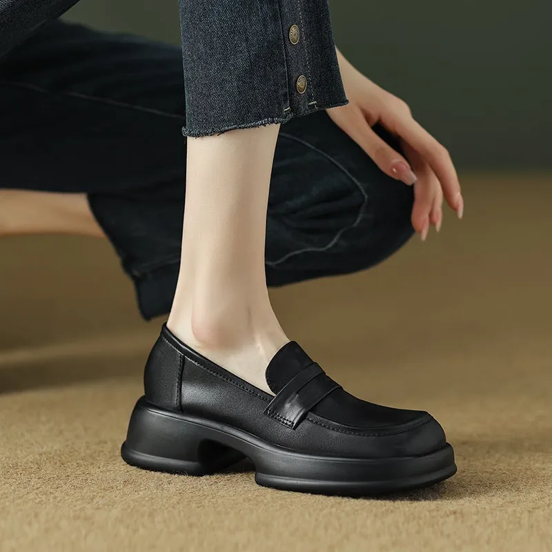 Platform Leather Penny Loafers for Women in Beige/Black