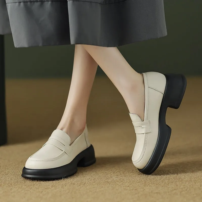 Platform Leather Penny Loafers for Women in Beige/Black