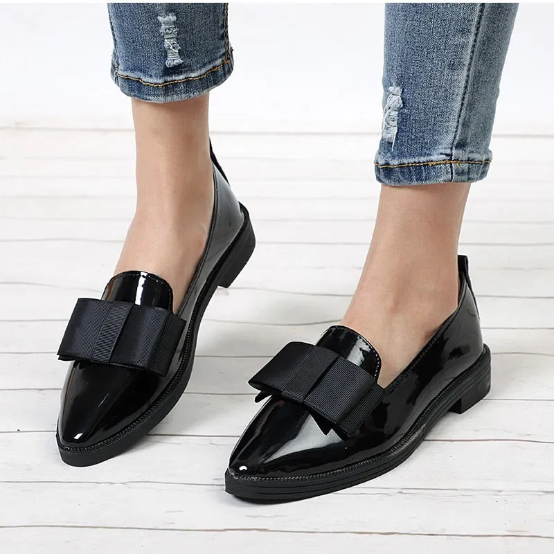 Women Shoes Bowtie Loafers Patent Leather Elegant Low Heels Slip On Footwear