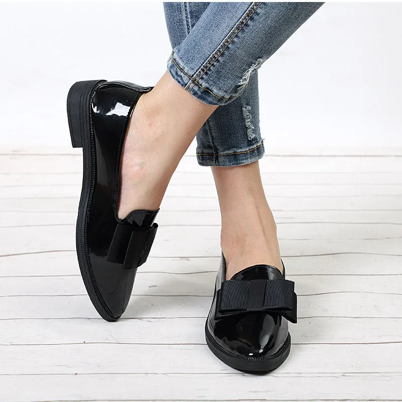Women Shoes Bowtie Loafers Patent Leather Elegant Low Heels Slip On Footwear