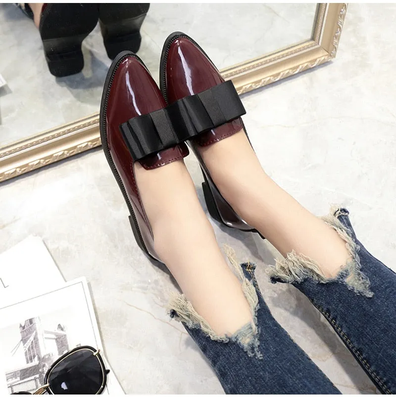 Women Shoes Bowtie Loafers Patent Leather Elegant Low Heels Slip On Footwear