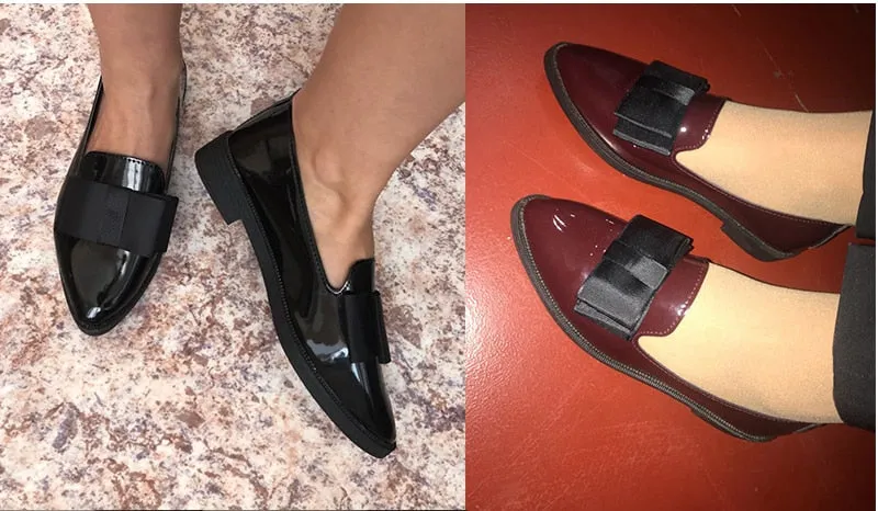 Women Shoes Bowtie Loafers Patent Leather Elegant Low Heels Slip On Footwear