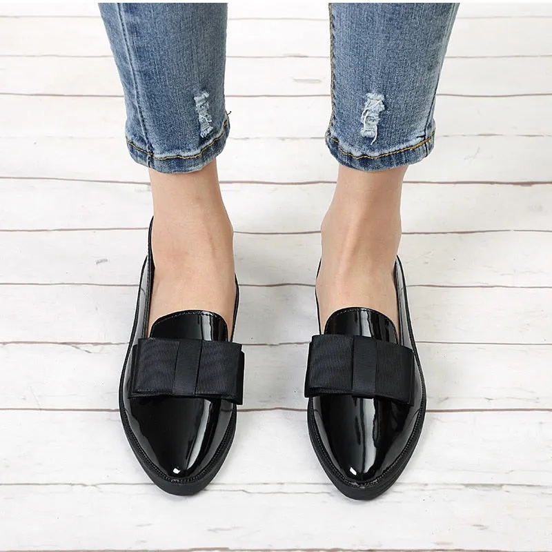 Women Shoes Bowtie Loafers Patent Leather Elegant Low Heels Slip On Footwear