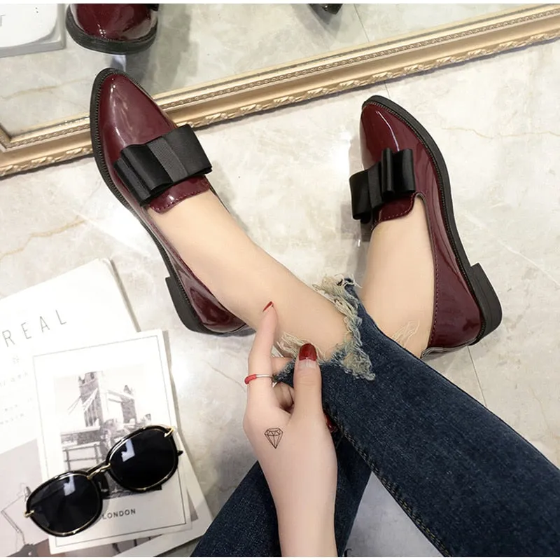 Women Shoes Bowtie Loafers Patent Leather Elegant Low Heels Slip On Footwear