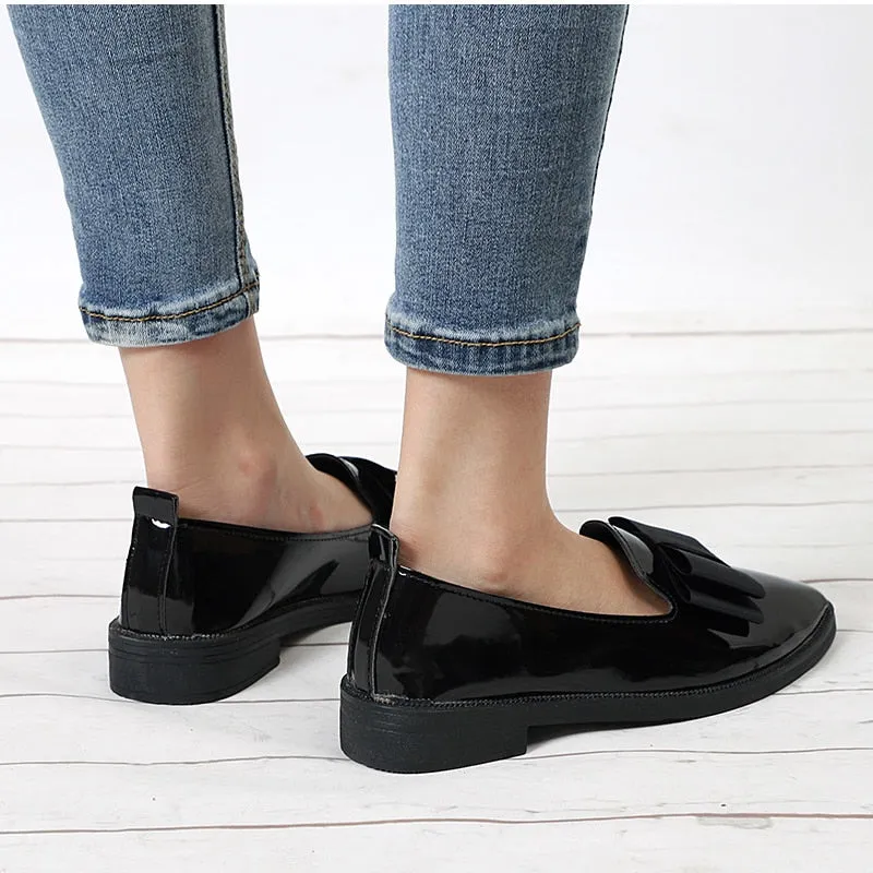 Women Shoes Bowtie Loafers Patent Leather Elegant Low Heels Slip On Footwear
